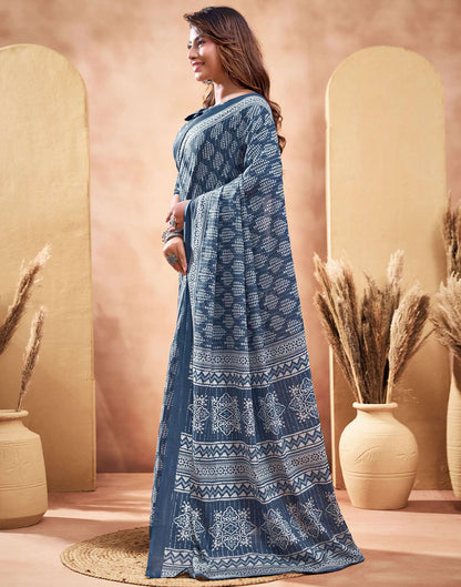 Ready To Wear Blue Cotton Printed Saree