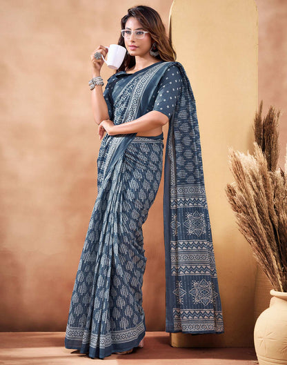 Ready To Wear Blue Cotton Printed Saree