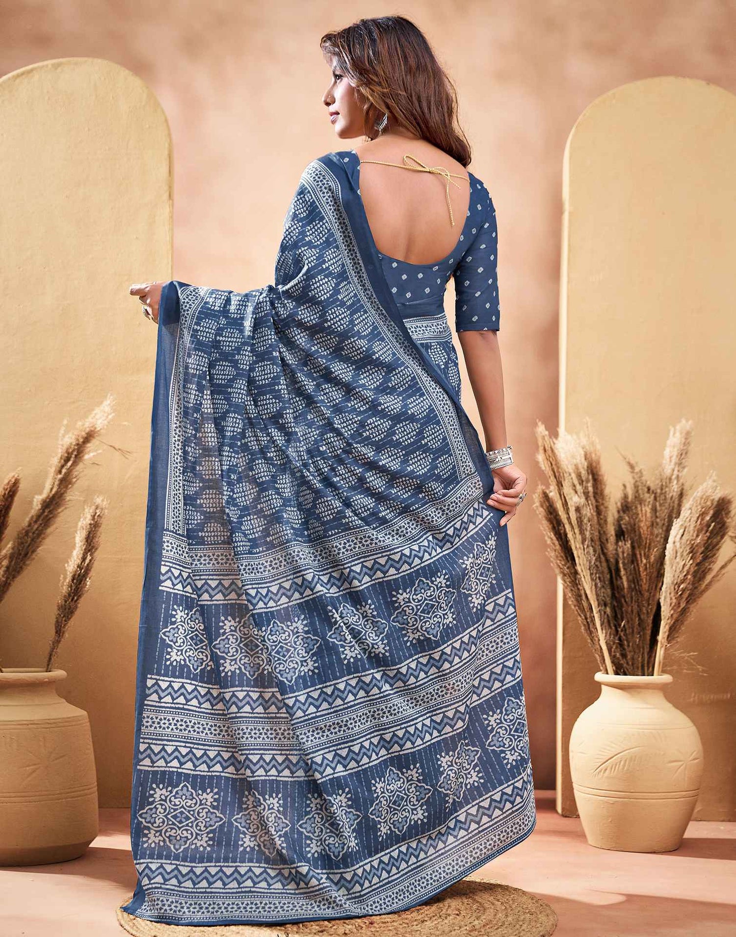 Ready To Wear Blue Cotton Printed Saree