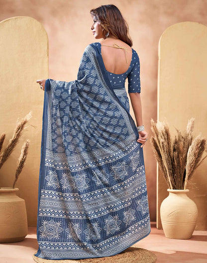 Ready To Wear Blue Cotton Printed Saree