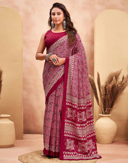 Ready To Wear Maroon Cotton Printed Saree