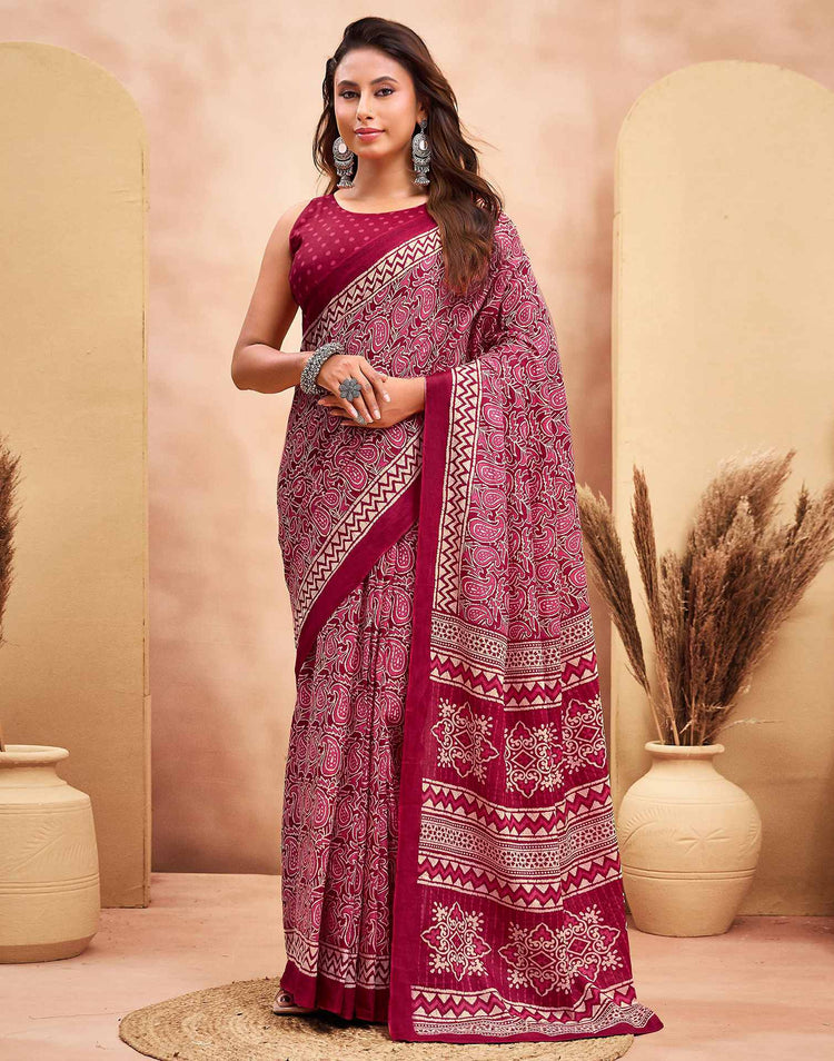 Ready To Wear Maroon Cotton Printed Saree