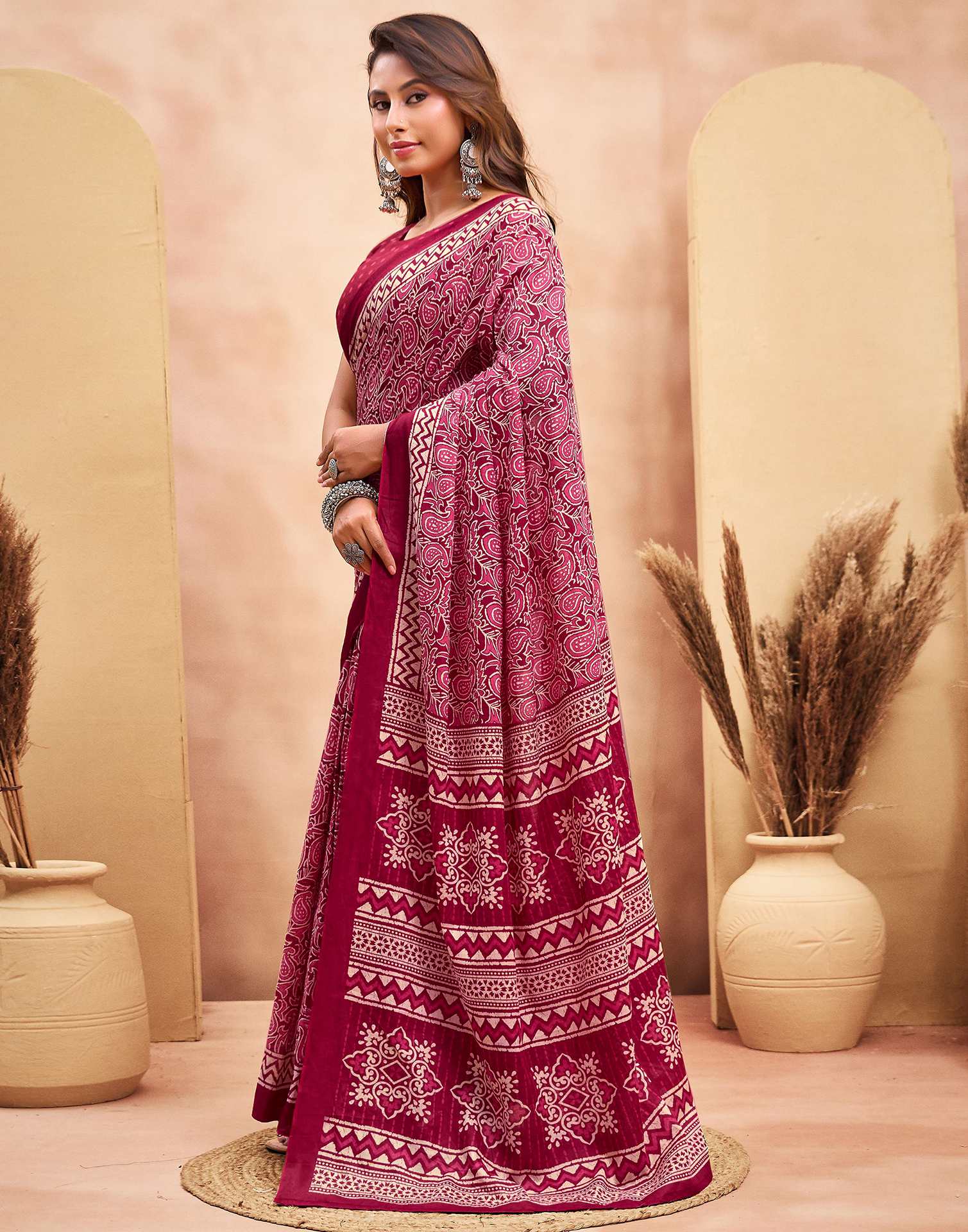 Ready To Wear Maroon Cotton Printed Saree