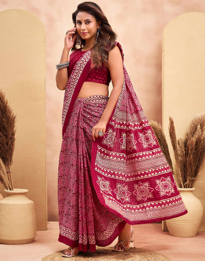 Ready To Wear Maroon Cotton Printed Saree