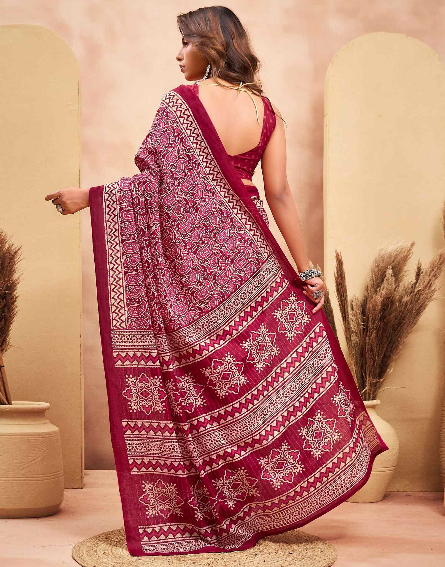 Ready To Wear Maroon Cotton Printed Saree