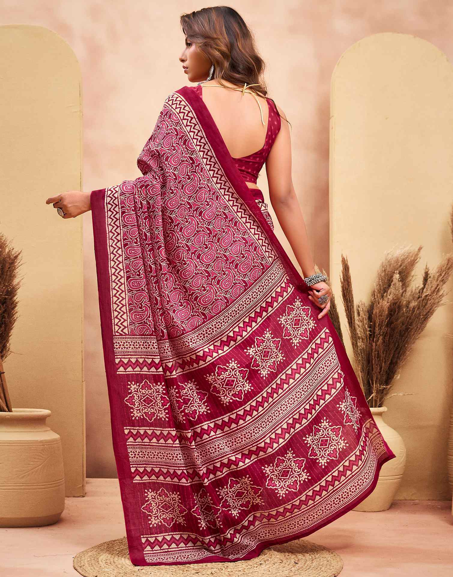 Ready To Wear Maroon Cotton Printed Saree