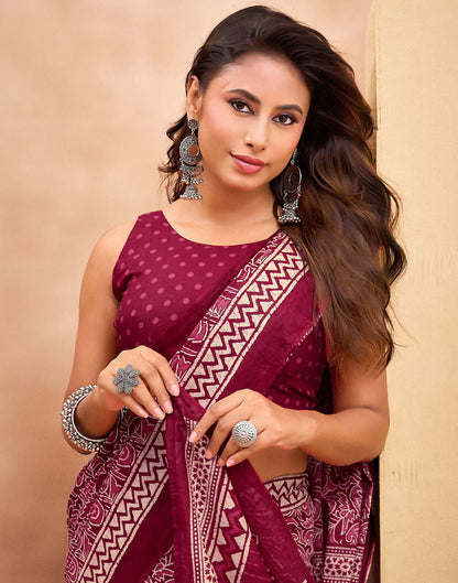 Ready To Wear Maroon Cotton Printed Saree