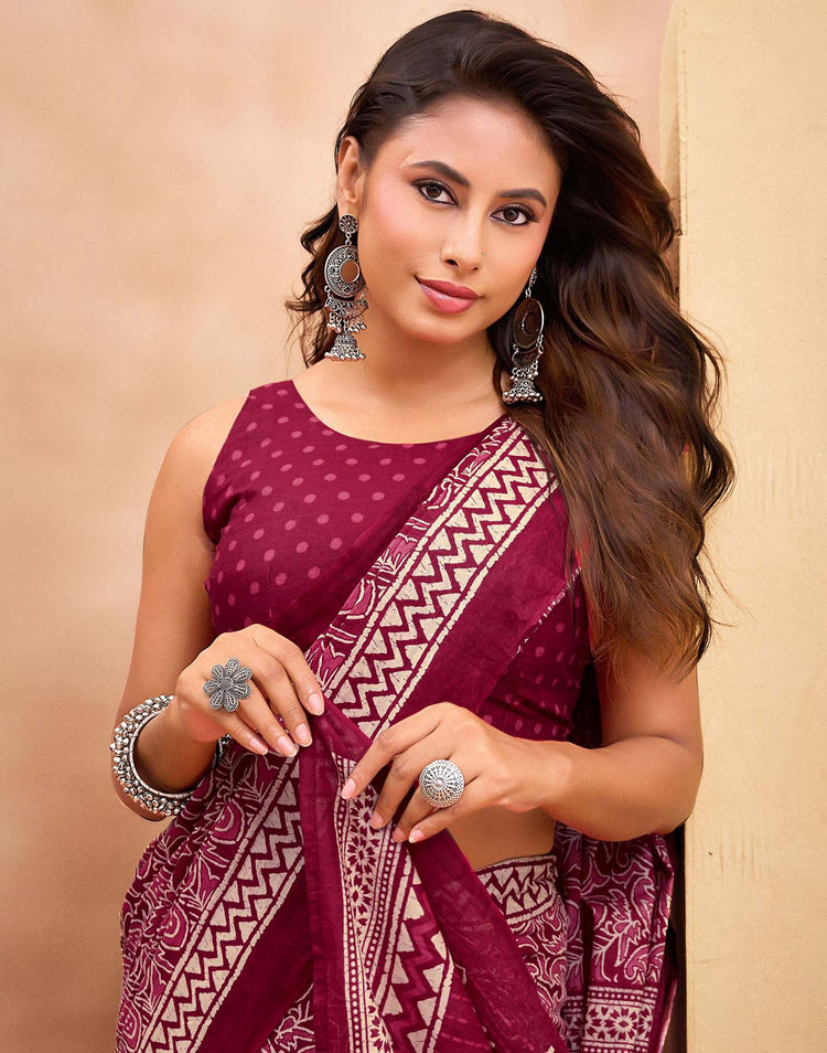 Ready To Wear Maroon Cotton Printed Saree