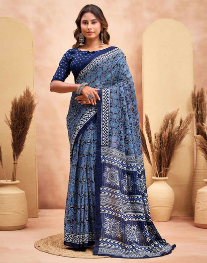 Ready To Wear Navy Blue Cotton Printed Saree