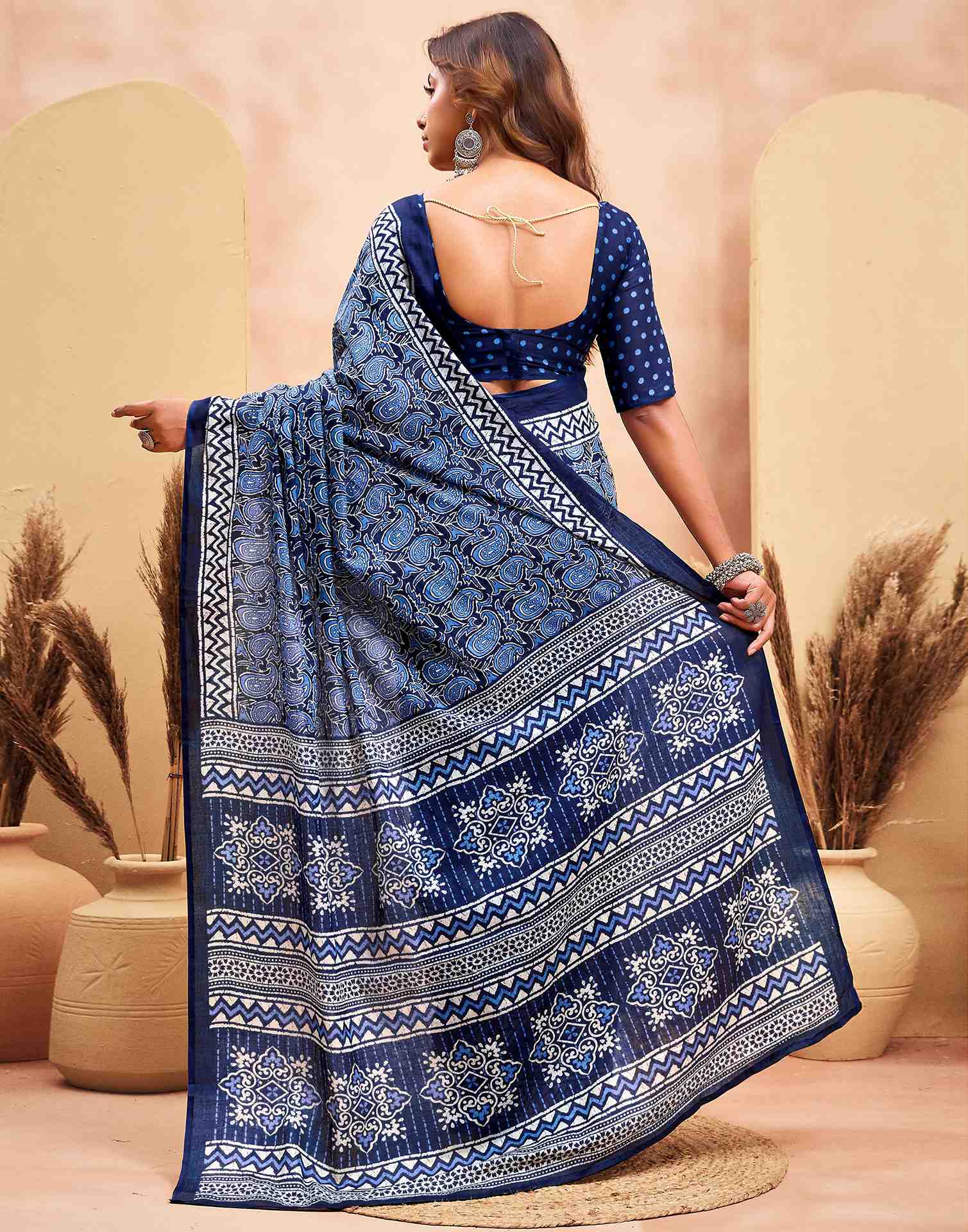 Ready To Wear Navy Blue Cotton Printed Saree