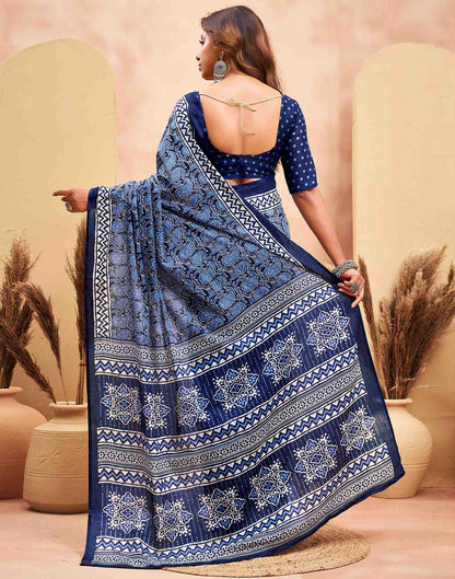 Ready To Wear Navy Blue Cotton Printed Saree