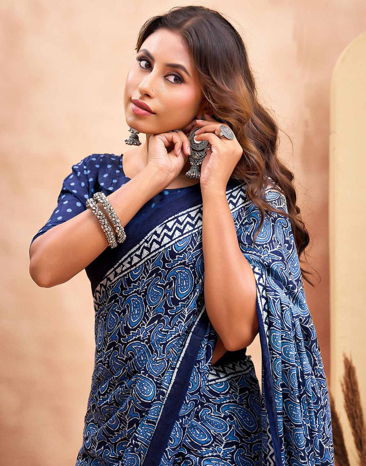 Ready To Wear Navy Blue Cotton Printed Saree