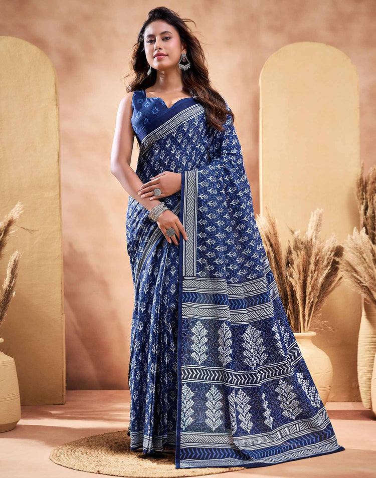 Ready To Wear Dark Navy Blue Cotton Printed Saree