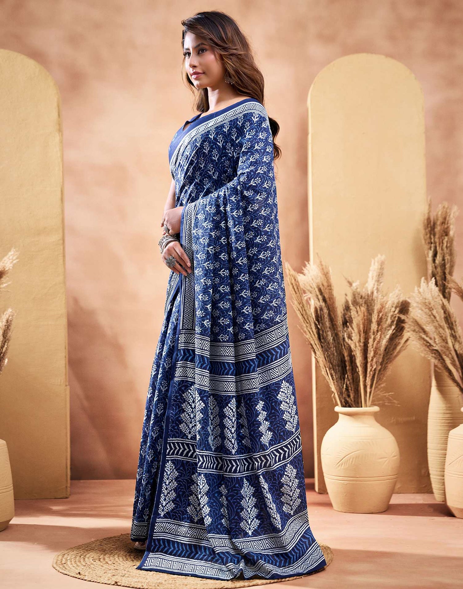 Ready To Wear Dark Navy Blue Cotton Printed Saree