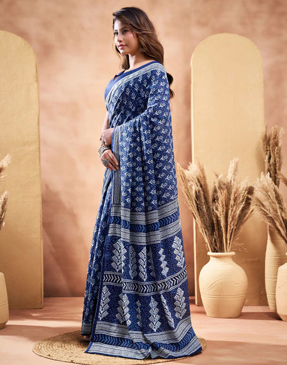 Ready To Wear Dark Navy Blue Cotton Printed Saree