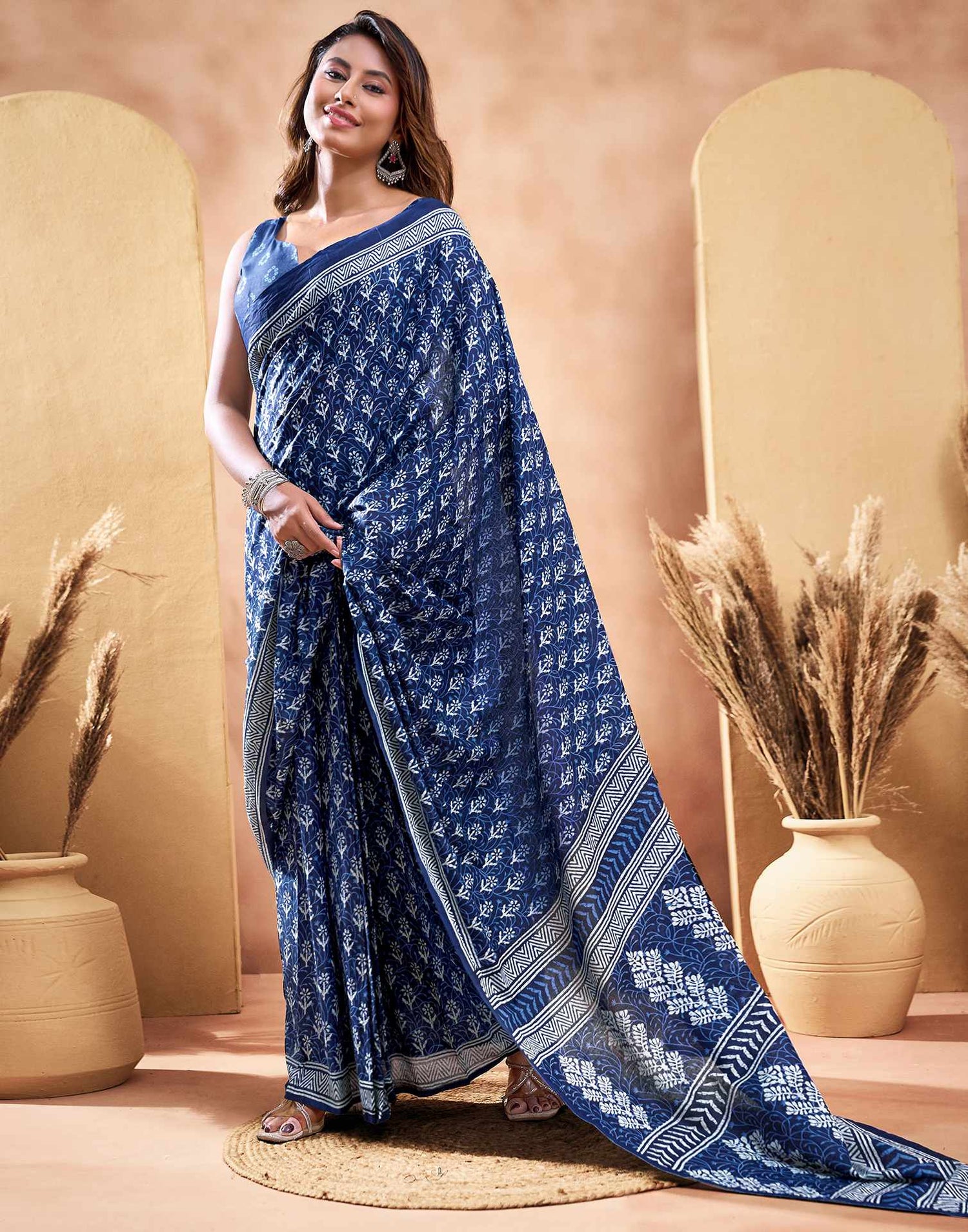 Ready To Wear Dark Navy Blue Cotton Printed Saree