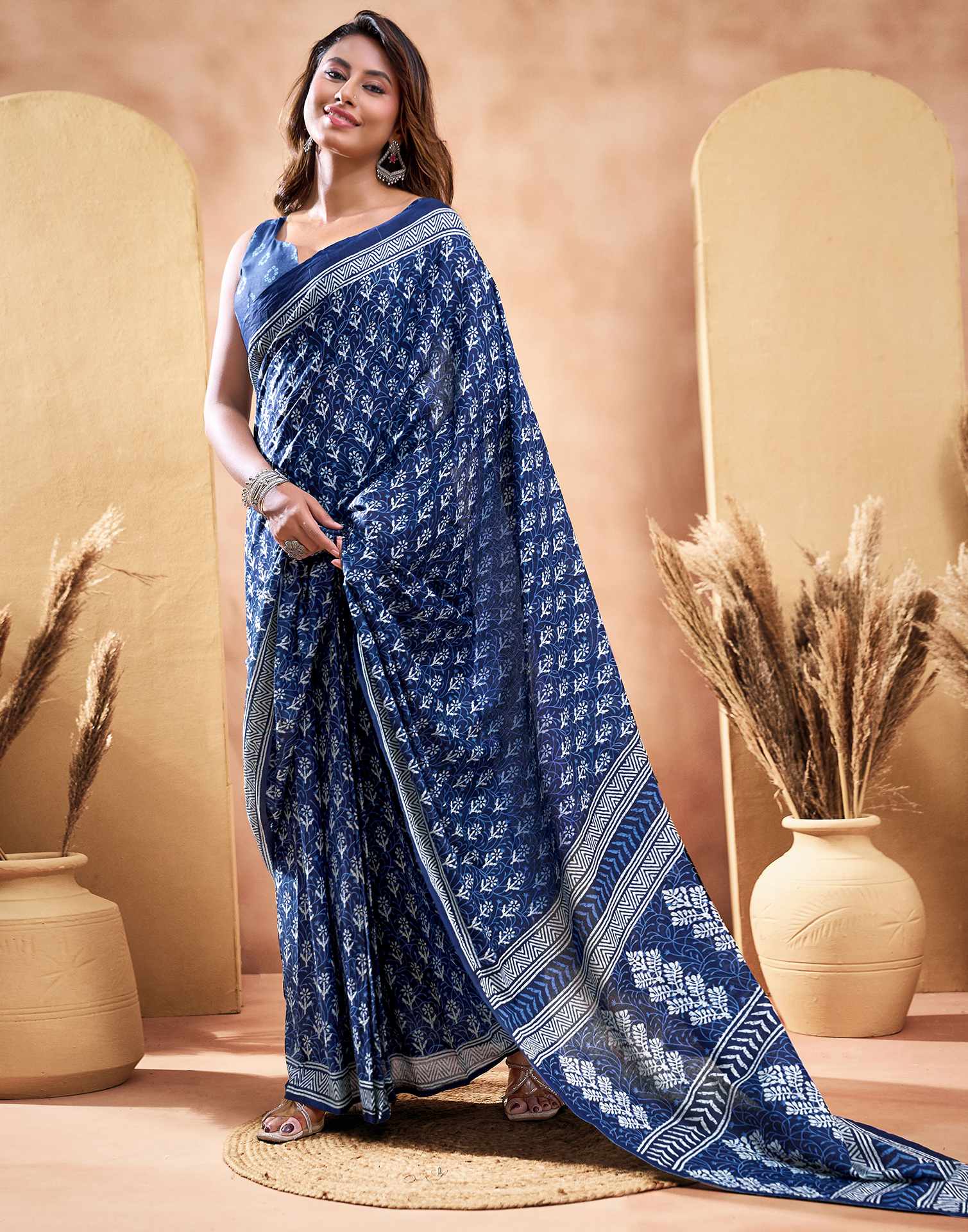 Ready To Wear Dark Navy Blue Cotton Printed Saree