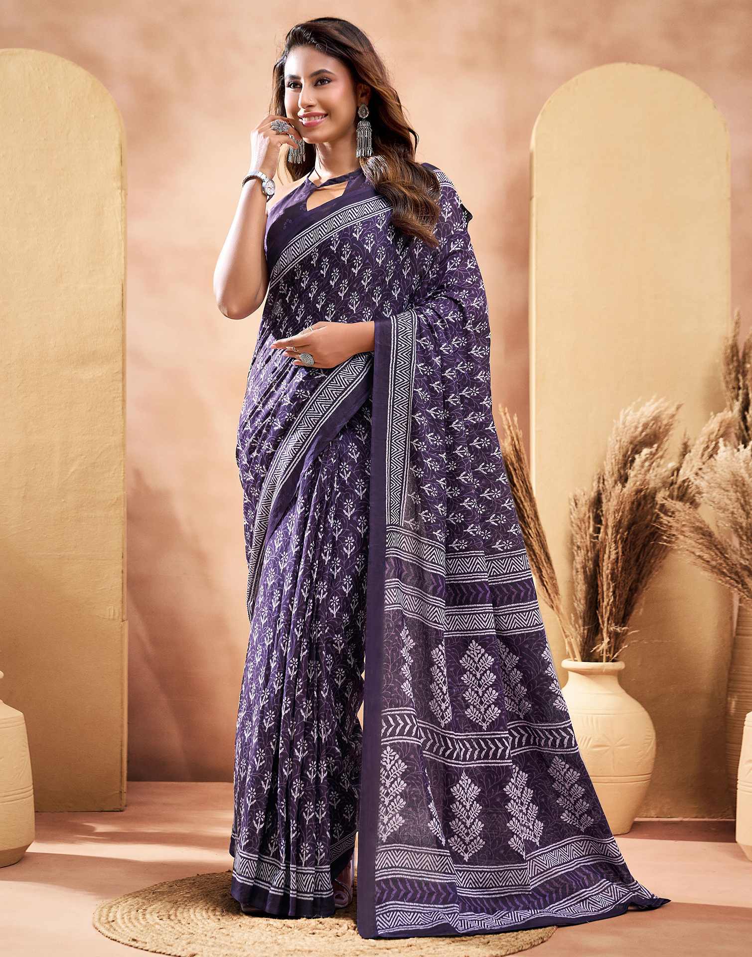 Ready To Wear Dark Purple Cotton Printed Saree