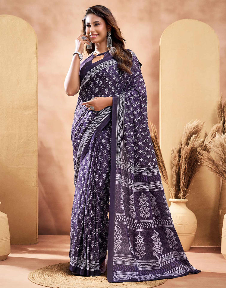 Ready To Wear Dark Purple Cotton Printed Saree