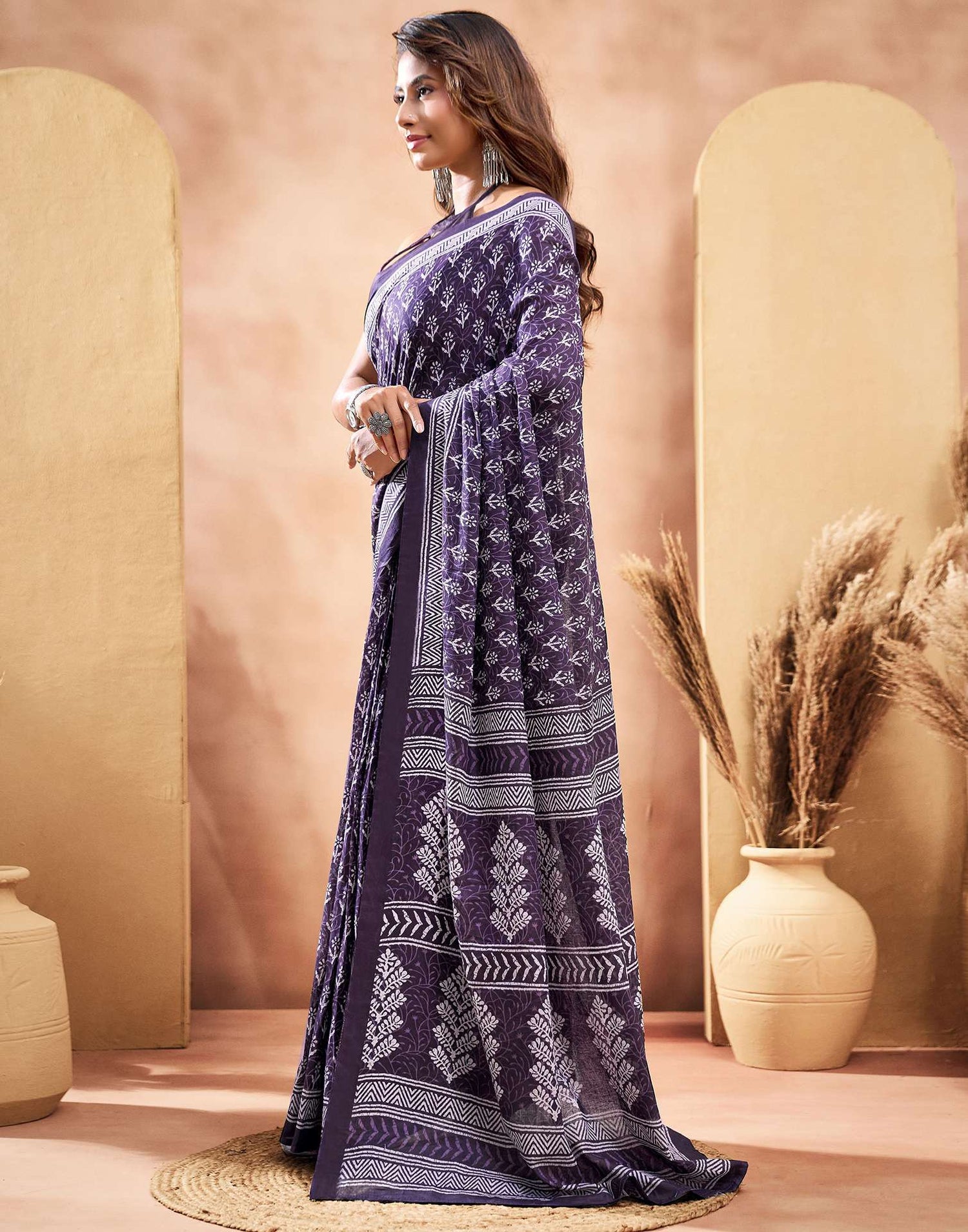 Ready To Wear Dark Purple Cotton Printed Saree