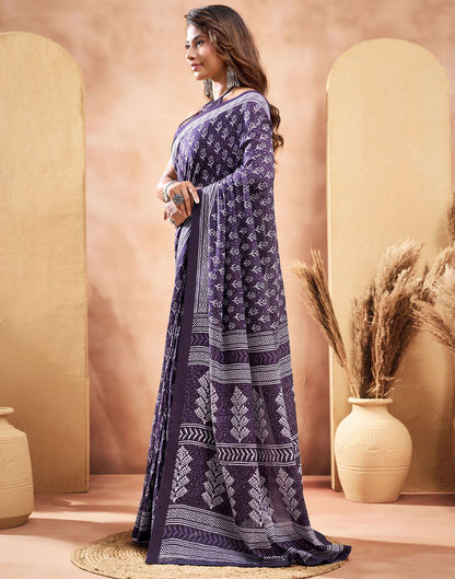 Ready To Wear Dark Purple Cotton Printed Saree