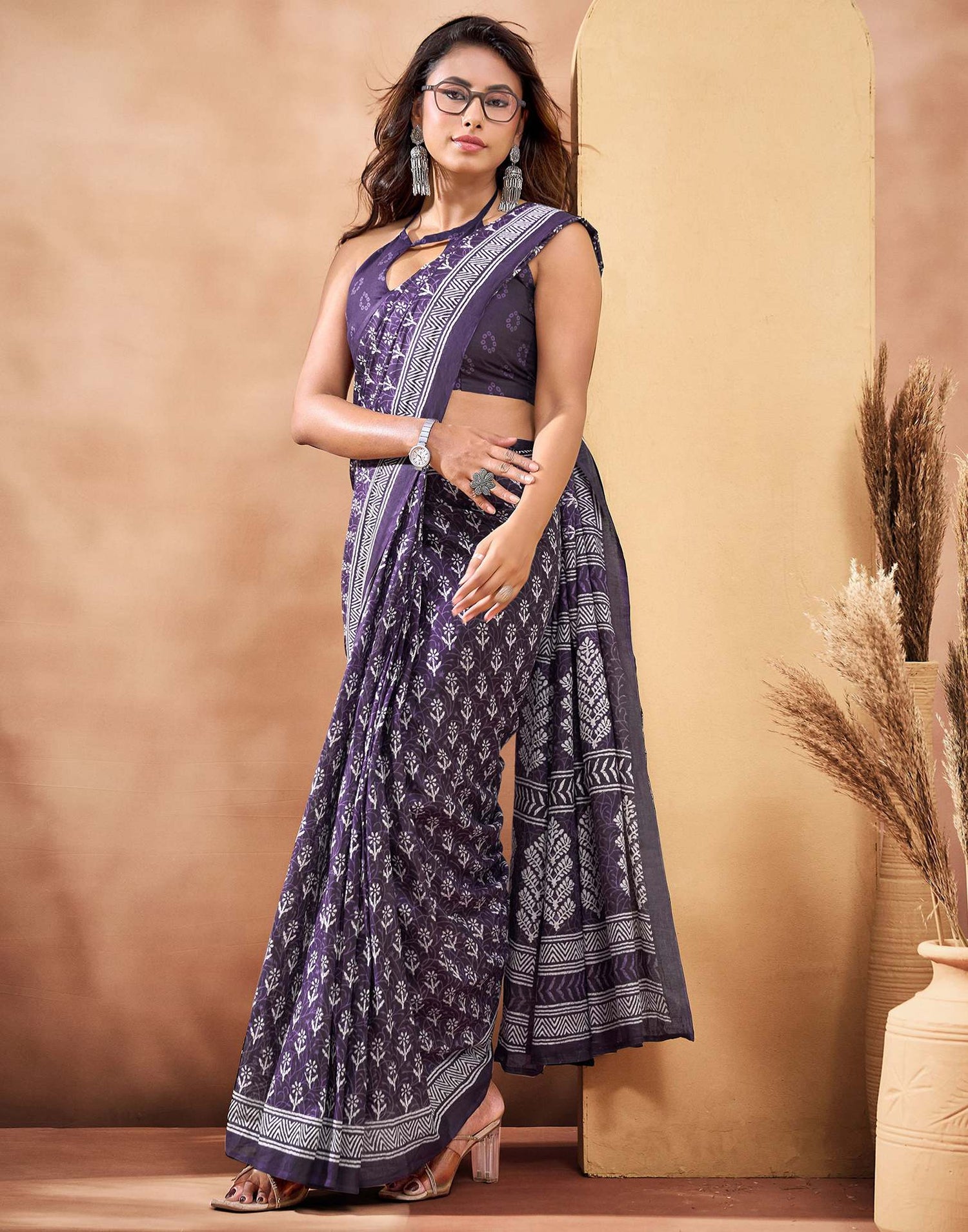 Ready To Wear Dark Purple Cotton Printed Saree