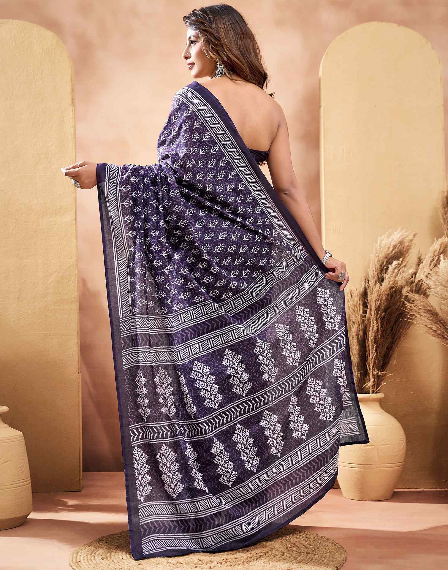 Ready To Wear Dark Purple Cotton Printed Saree