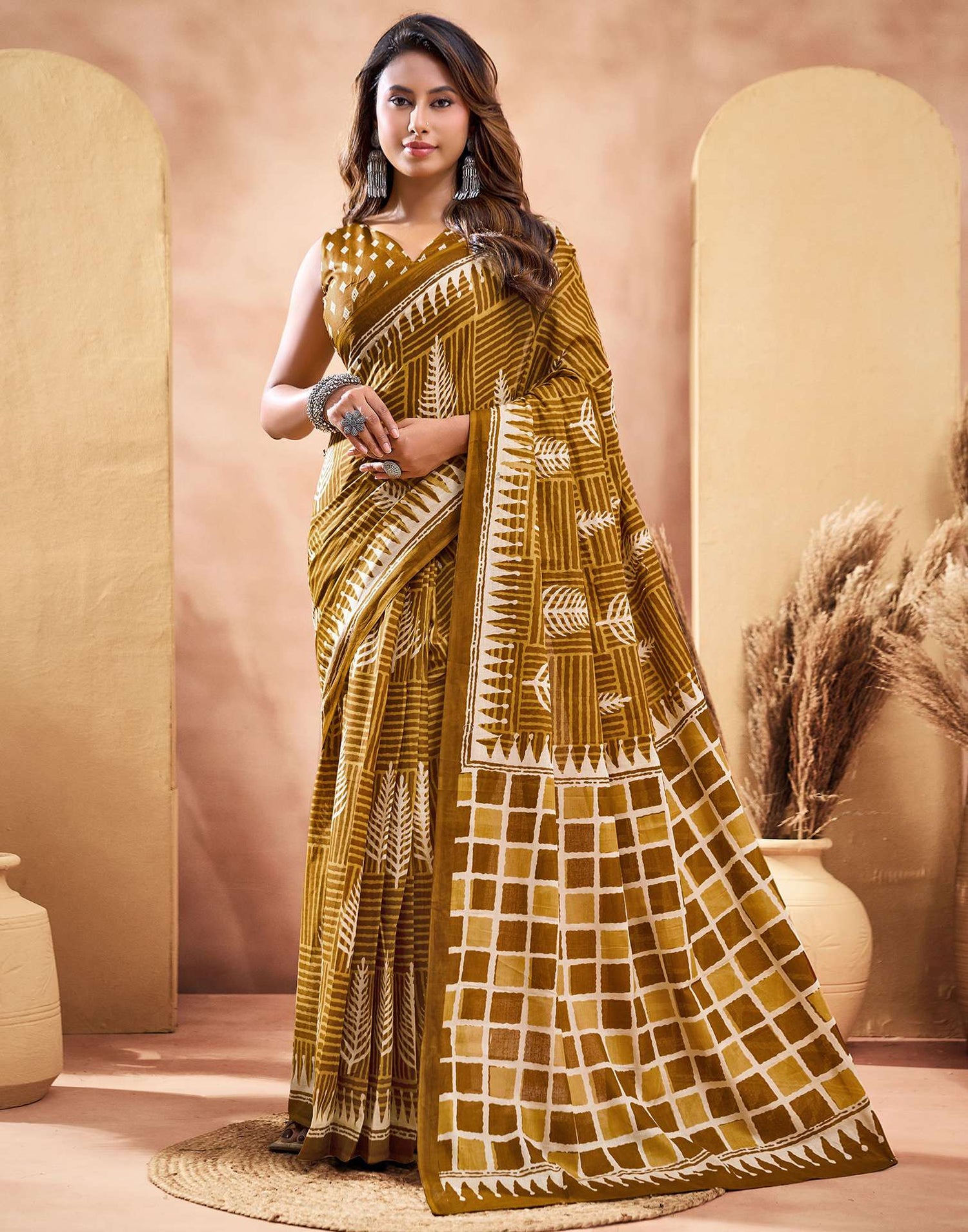 Ready To Wear Dark Mustard Cotton Printed Saree