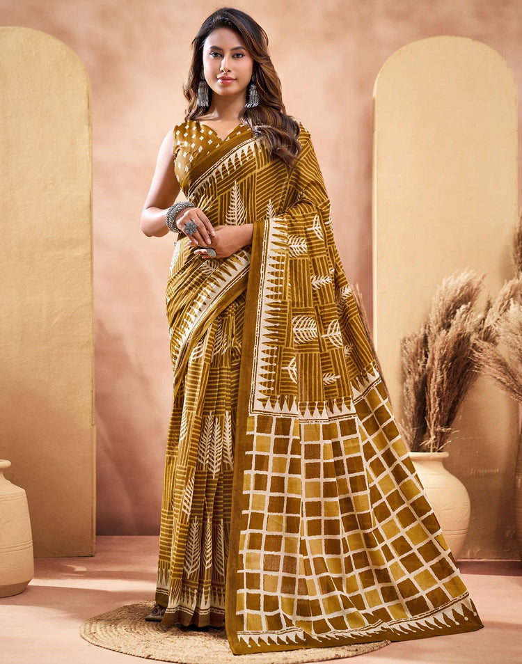 Ready To Wear Dark Mustard Cotton Printed Saree