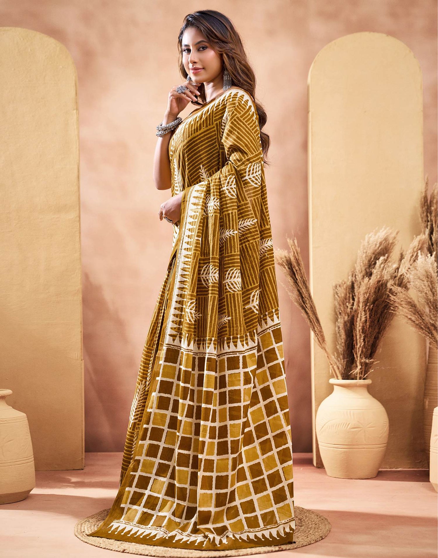 Ready To Wear Dark Mustard Cotton Printed Saree