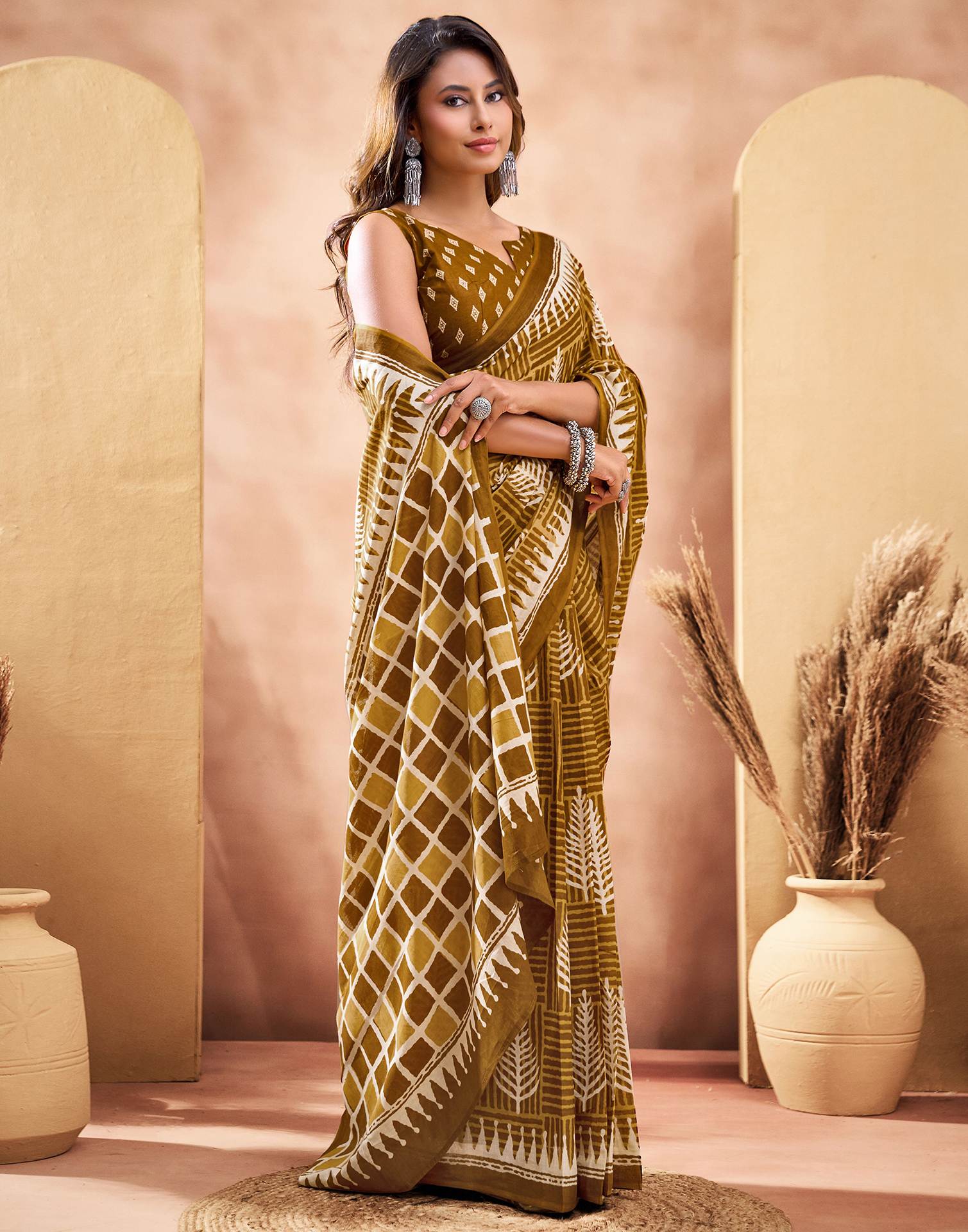 Ready To Wear Dark Mustard Cotton Printed Saree