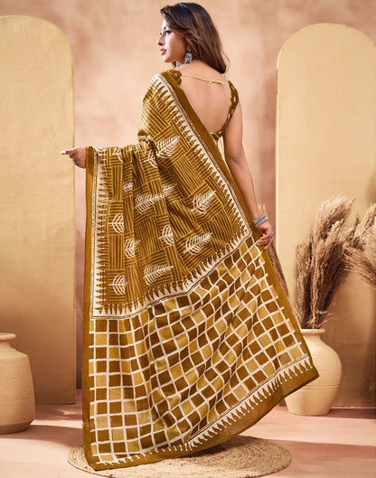 Ready To Wear Dark Mustard Cotton Printed Saree