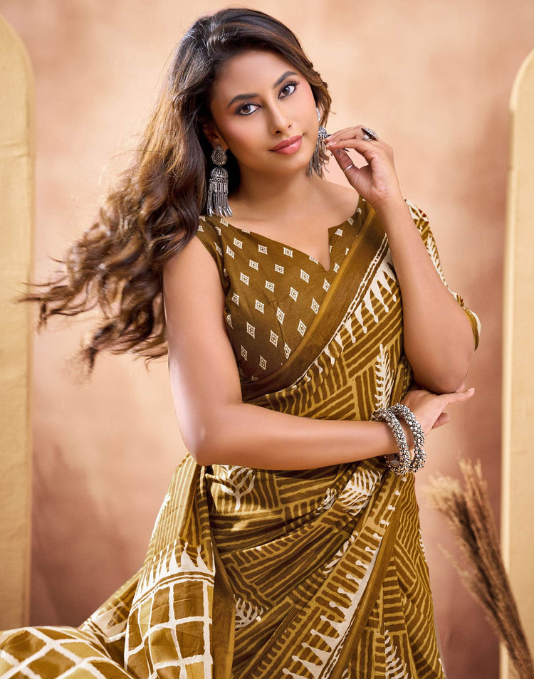 Ready To Wear Dark Mustard Cotton Printed Saree