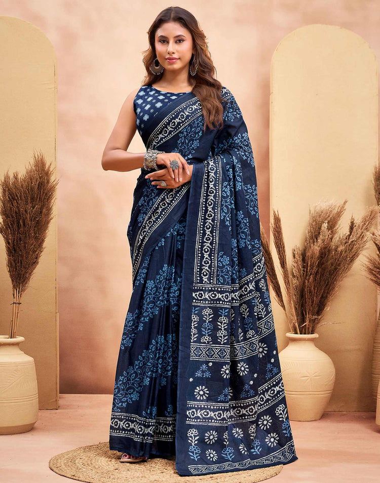 Ready To Wear Dark Navy Blue Cotton Printed Saree