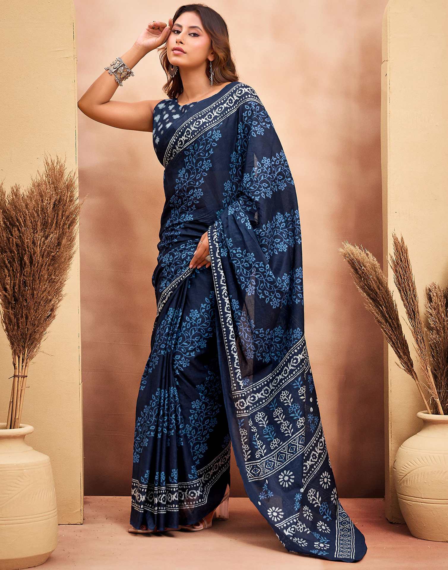 Ready To Wear Dark Navy Blue Cotton Printed Saree