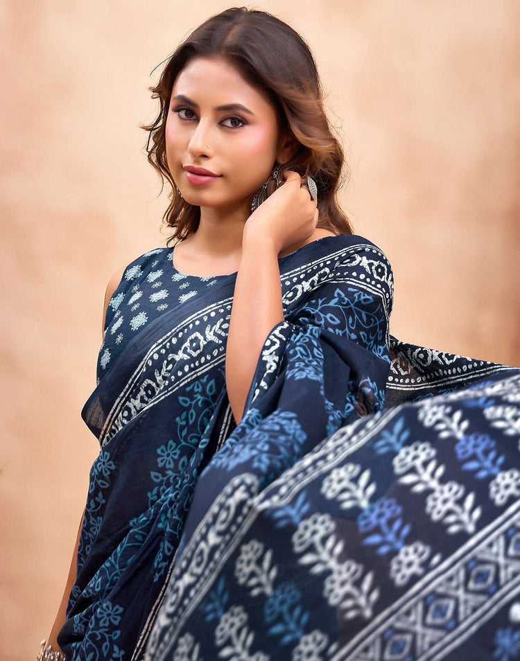 Ready To Wear Dark Navy Blue Cotton Printed Saree