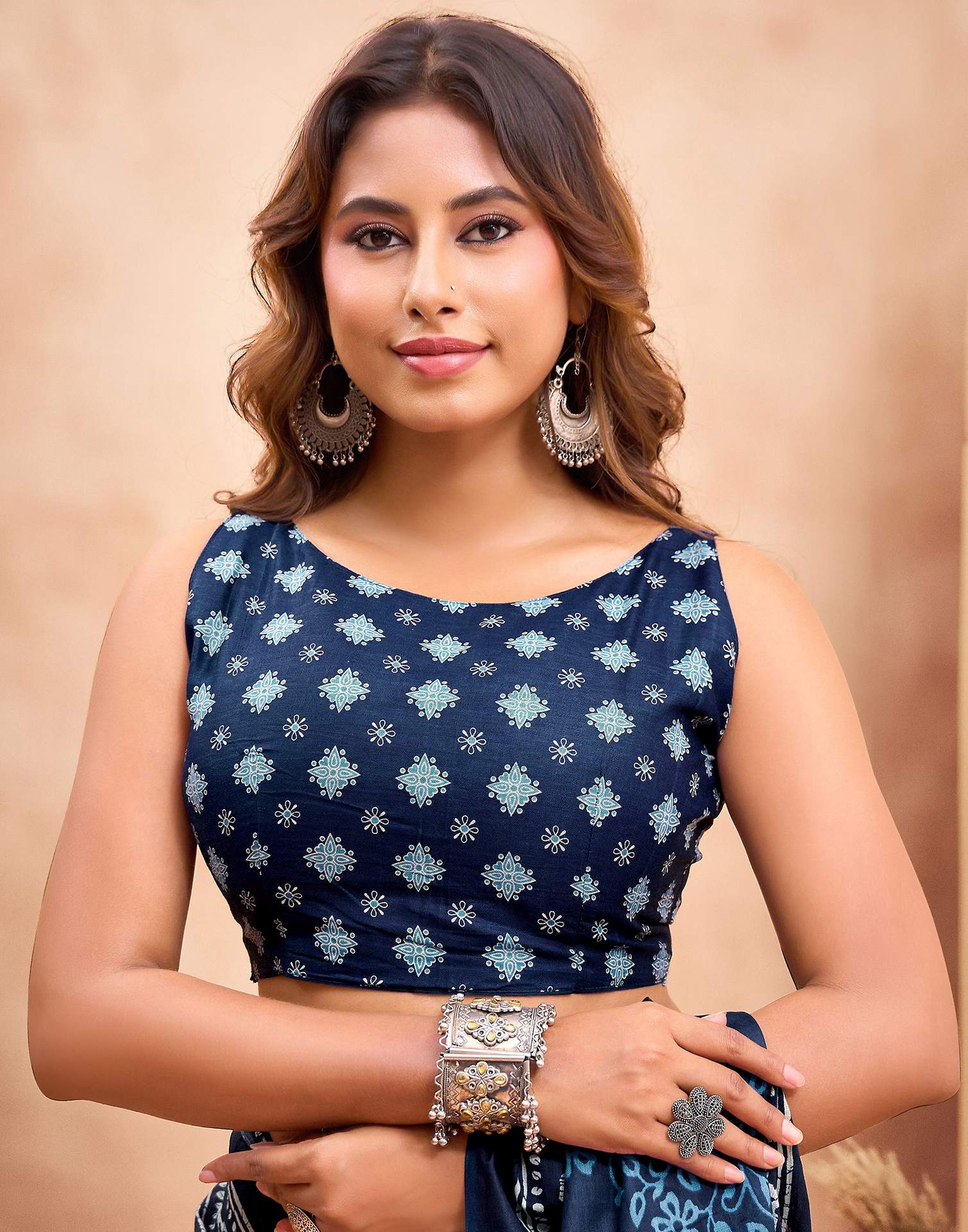Ready To Wear Dark Navy Blue Cotton Printed Saree