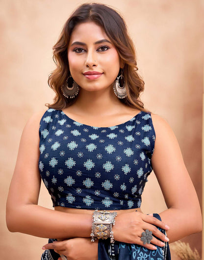 Ready To Wear Dark Navy Blue Cotton Printed Saree