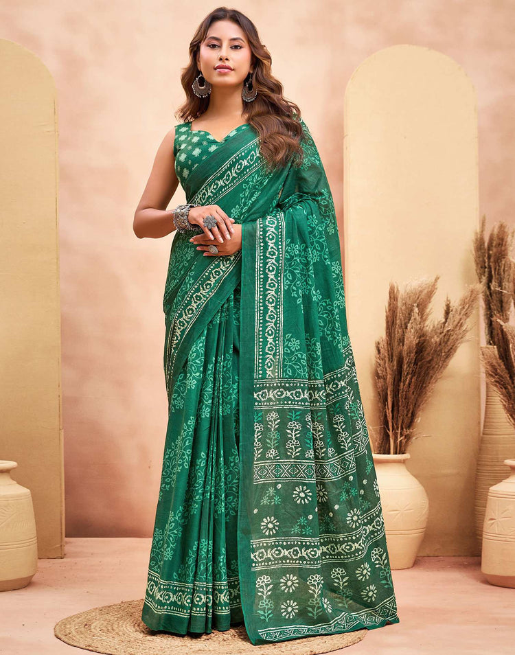 Ready To Wear Green Cotton Printed Saree