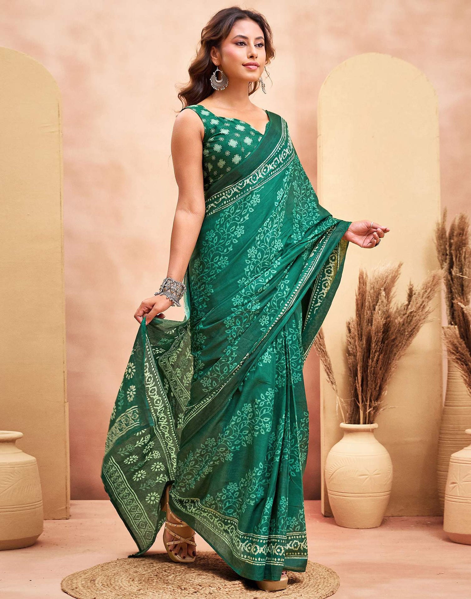 Ready To Wear Green Cotton Printed Saree