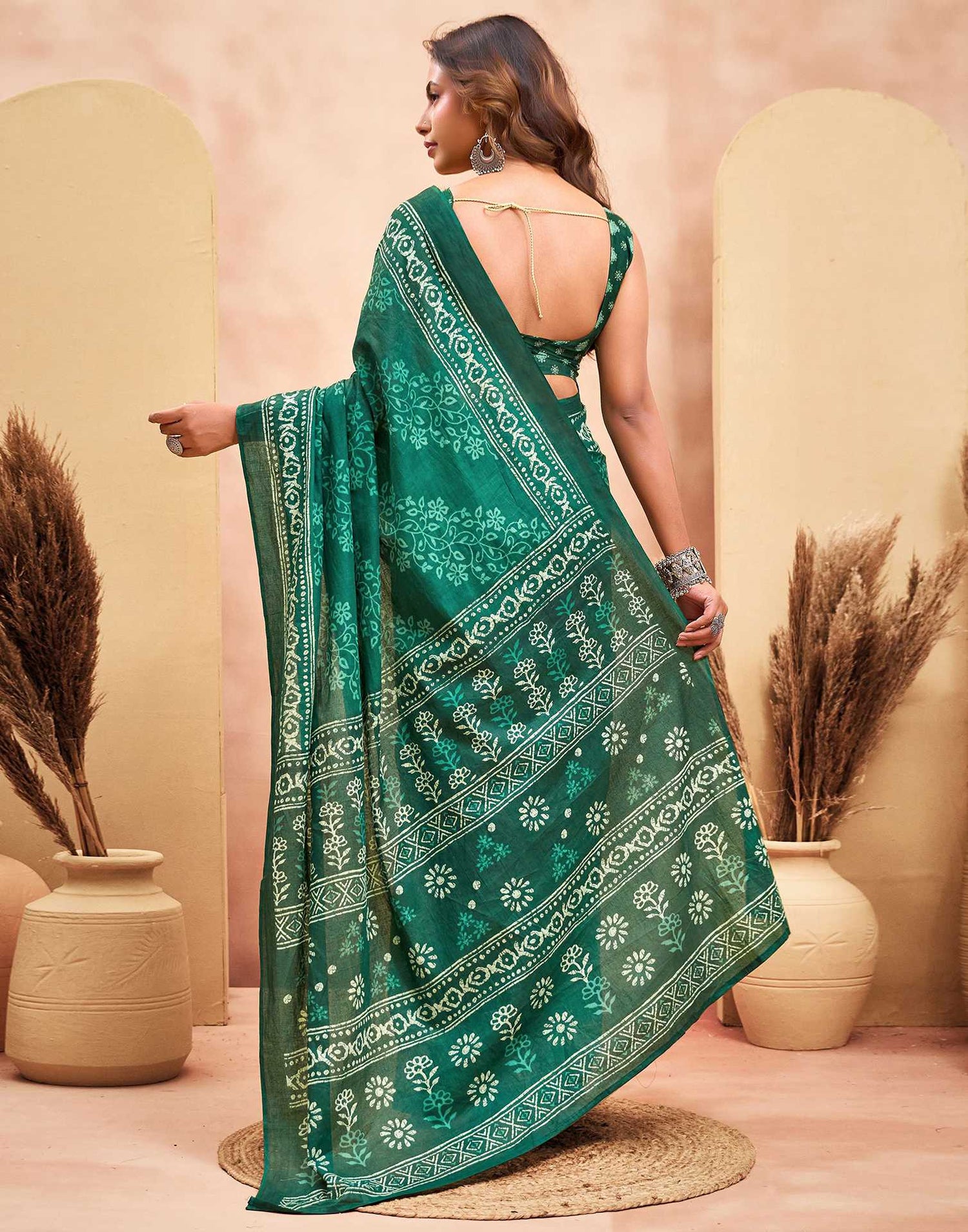 Ready To Wear Green Cotton Printed Saree
