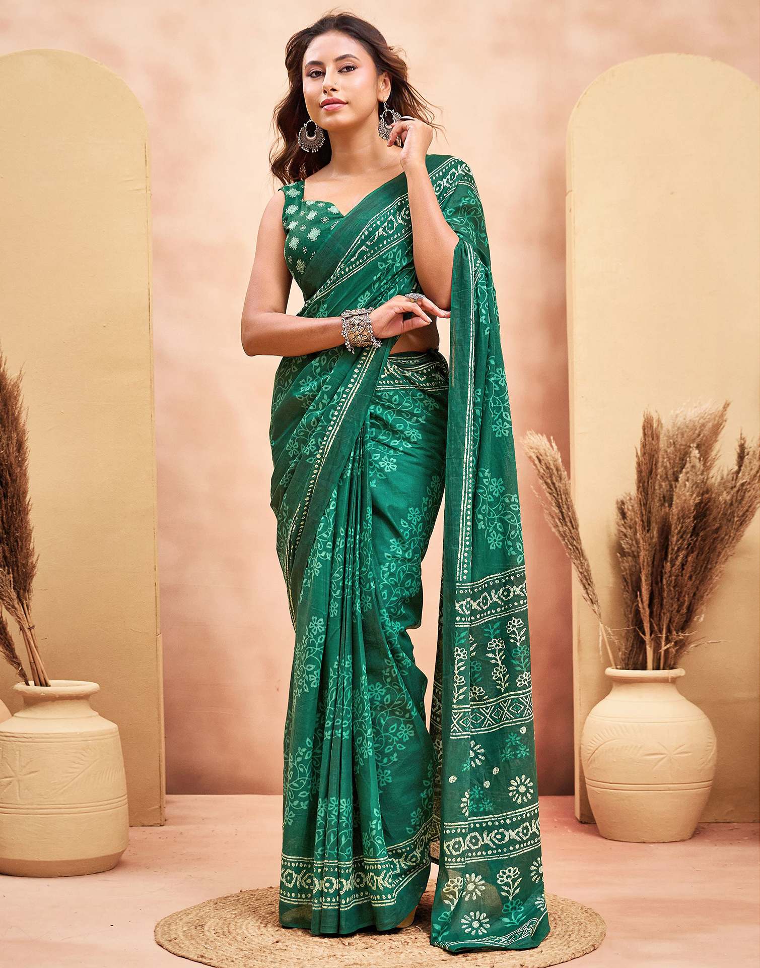 Ready To Wear Green Cotton Printed Saree