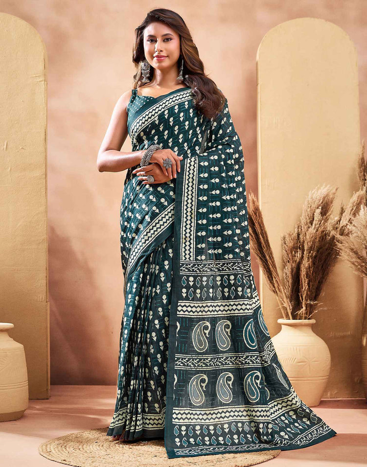 Ready To Wear Dark Rama Green Cotton Printed Saree