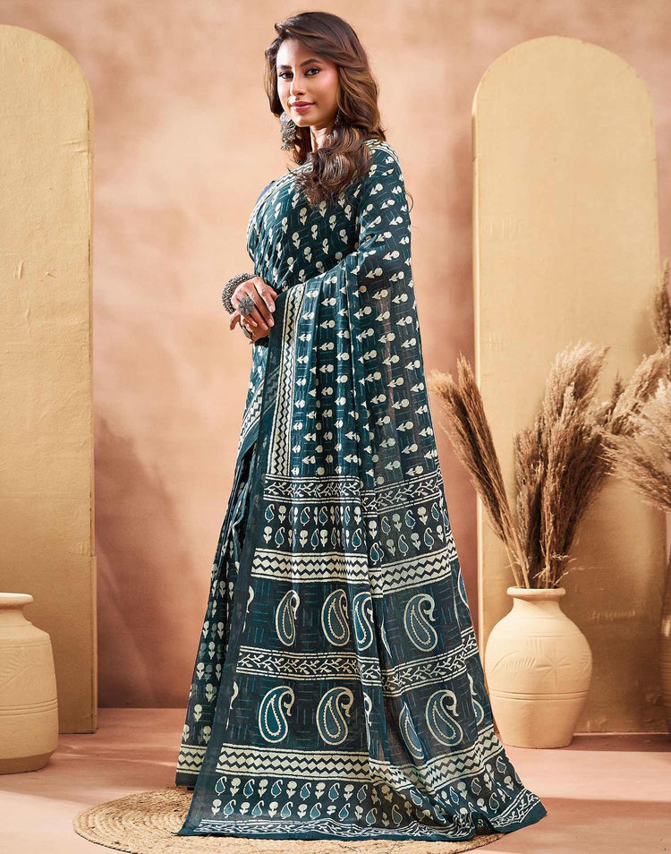 Ready To Wear Dark Rama Green Cotton Printed Saree