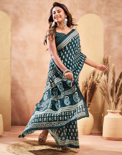 Ready To Wear Dark Rama Green Cotton Printed Saree