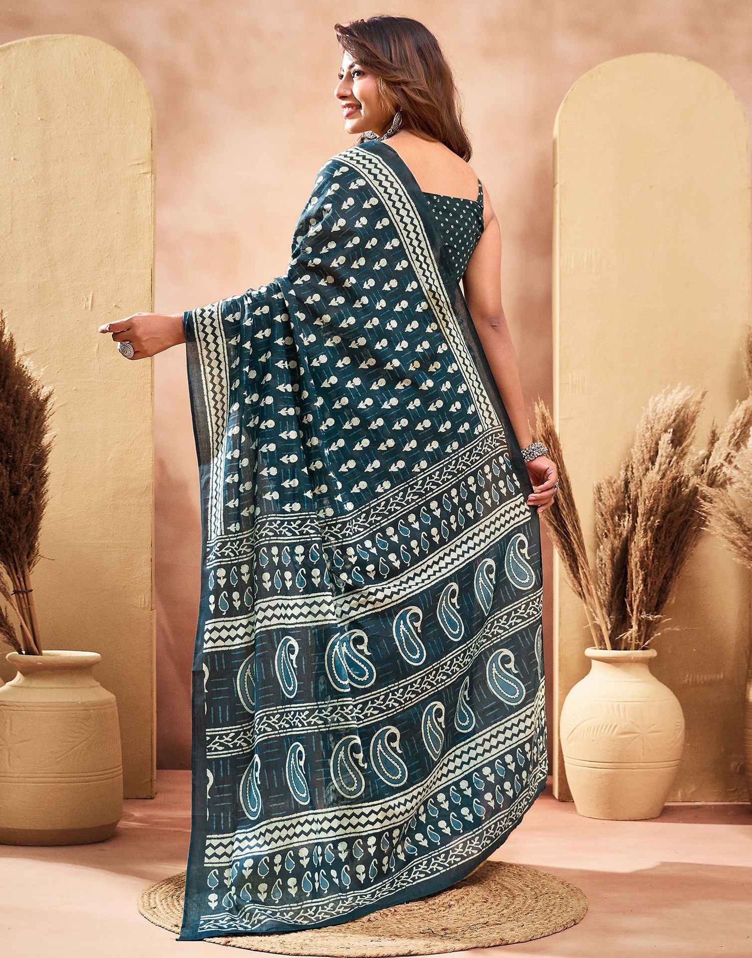 Ready To Wear Dark Rama Green Cotton Printed Saree