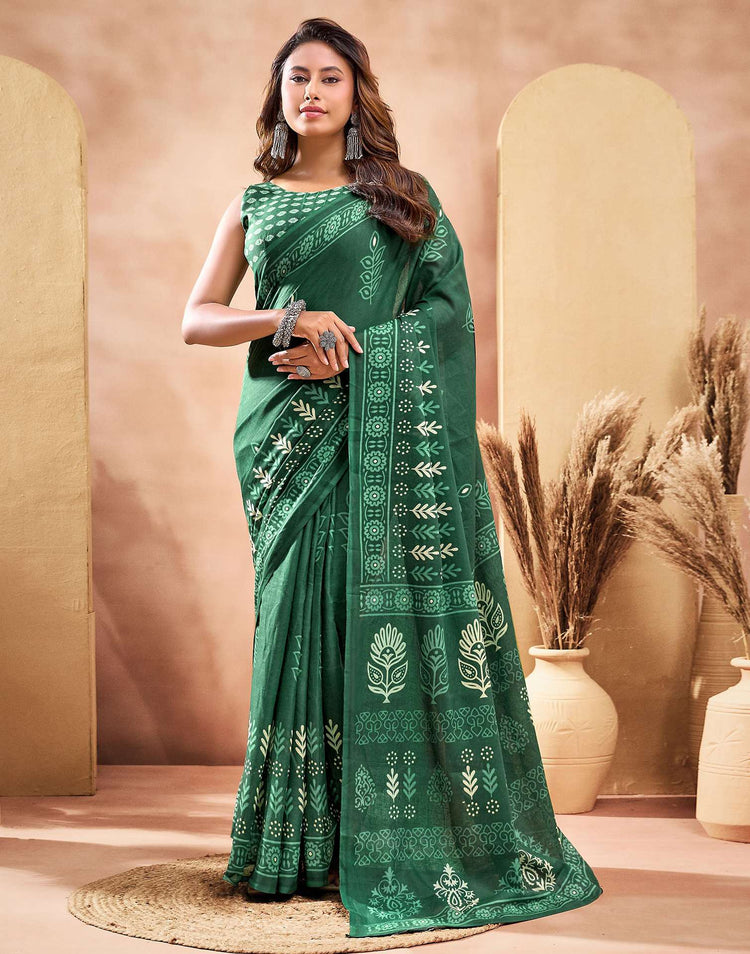 Ready To Wear Dark Green Cotton Printed Saree