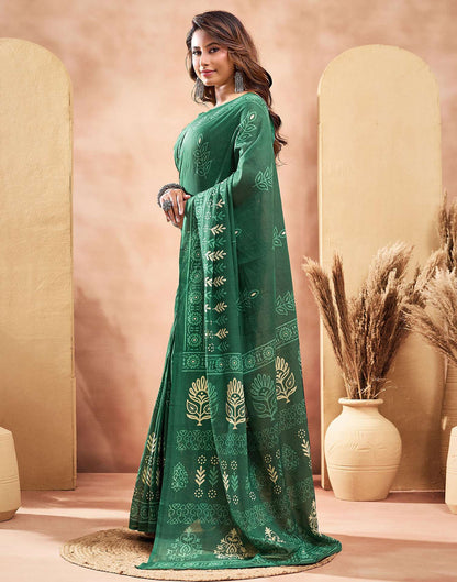 Ready To Wear Dark Green Cotton Printed Saree
