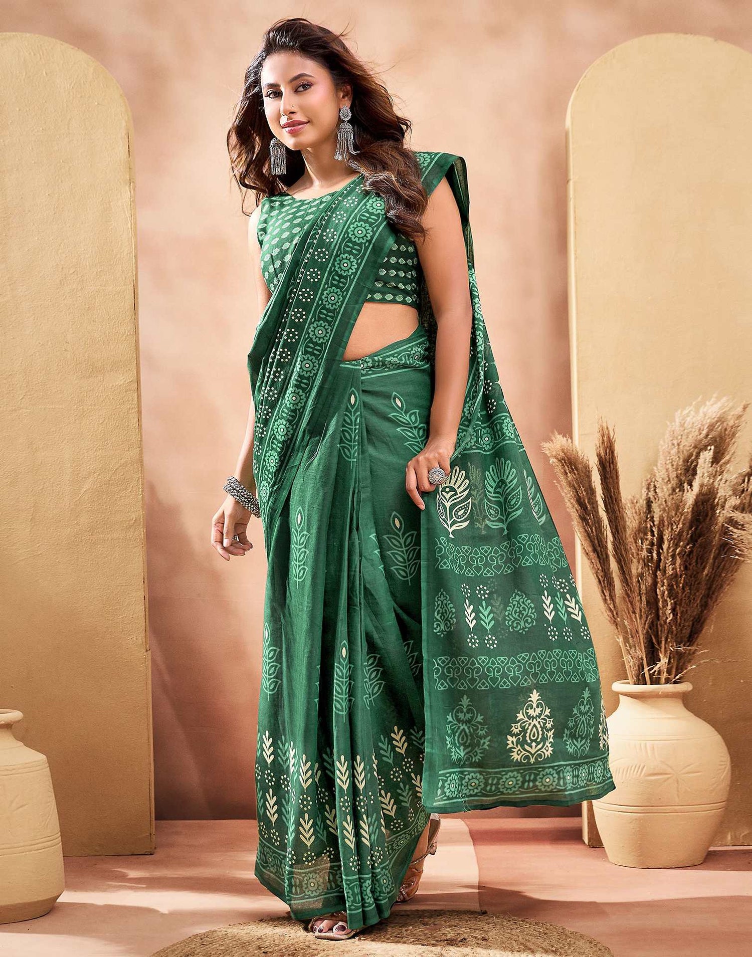 Ready To Wear Dark Green Cotton Printed Saree