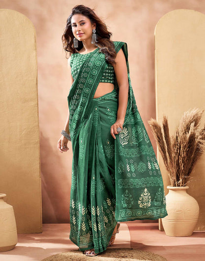 Ready To Wear Dark Green Cotton Printed Saree